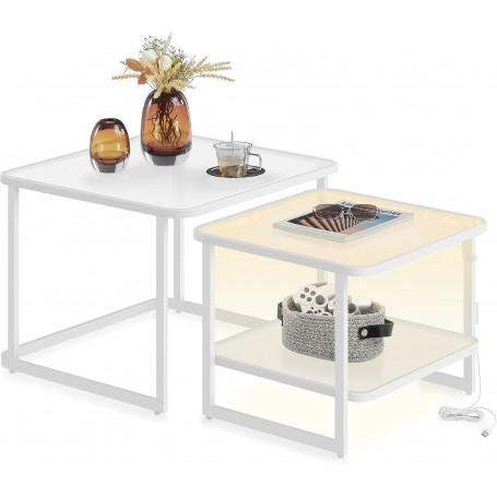 Soffbord 2 Set Glass Skiva Inbyggd LED-belysning - Vit