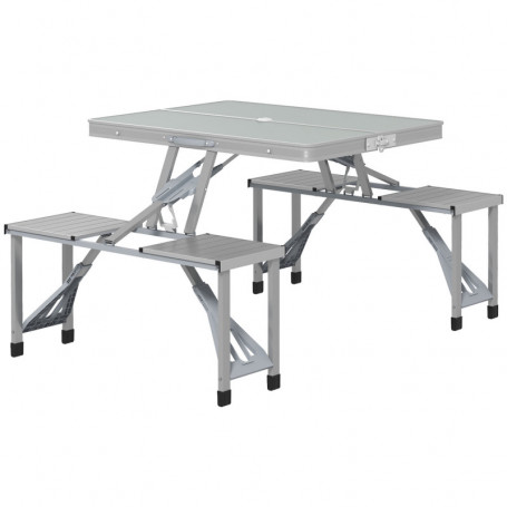 Hopfällbart Campingbord med 4 Sittplatser & Paraplyhål – Aluminium, 135 cm