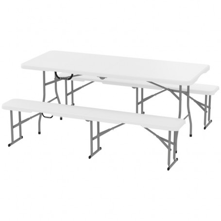 Hopfällbart Campingbord med Bänkar 180 x 74 x 74 cm Vit