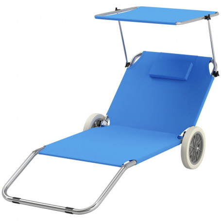 Solstol Set med Solskydd – 2 Fällbara Strandsäng med Justerbart Ryggstöd & Hjul, Blå