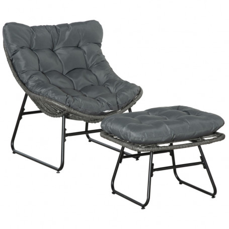 Loungefåtölj med Pall i Rottinglook och Metallram Mörkgrå – 69 x 76 x 70 cm