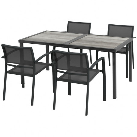 Ute Matgrupp med 4 Stapelbara Stolar och Bord i Trälook – 150 x 87 x 72 cm