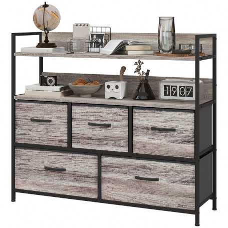 Byrå Industriell Greige med 5 Lådor & Hyllor – Trälook och Stålram 98 x 29 x 85 cm
