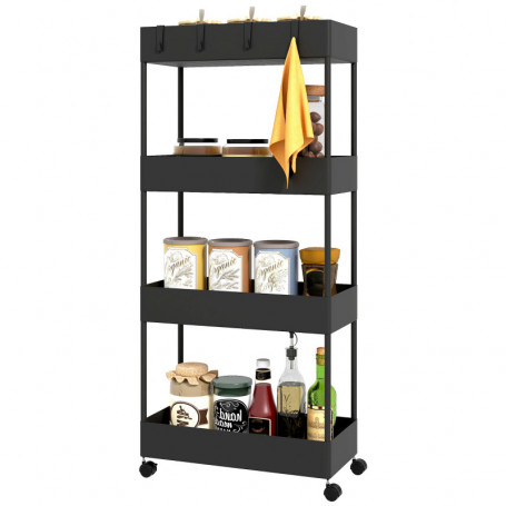 Tunn Köksvagn 4 hyllor 3 Flexibla Krokar Svart 40 x 19 x 90 cm