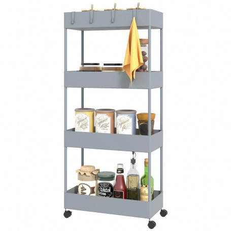 Tunn Köksvagn 4 hyllor 3 Flexibla Krokar Grå 40 x 19 x 90 cm