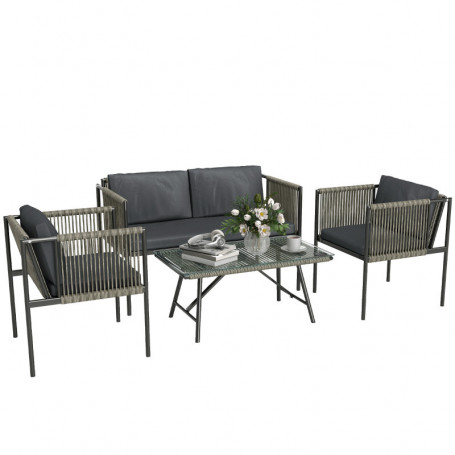 Loungegrupp i Rotting – 4-delars Balkongset med Glasbord & Mjuka Kuddar