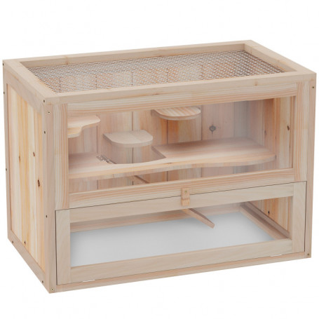 Smådjursbur med Två Nivåer och Nätlock – 60 x 35 x 42 cm