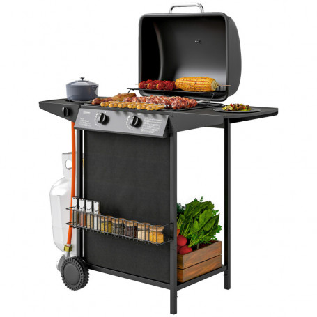 Gasolgrill med Sidobrännare, Termometer och Förvaringslösning Svart