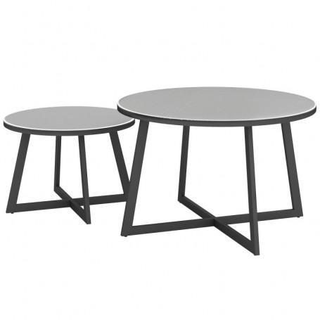 2-delat Ute Sidobord Set med Härdat Glas och Stålram – Ø70 & Ø50 cm