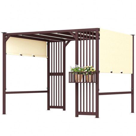 Pergola med Infällbar Baldakin, Växtlåda och Insynsskydd – 295 x 252 cm Metall Brun