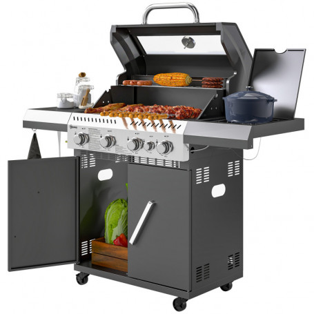Gasolgrill med Sidobrännare, Genomskinligt Lock och Förvaringsskåp