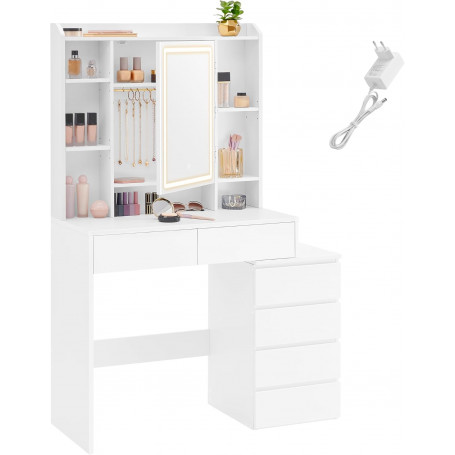 Sminkbord med LED-spegel, justerbara hyllor och förvaring – vit, 97,5 cm, med lådor och skåp