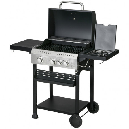 Gasolgrill med 4 Brännare, Sidobrännare och Förvaringshyllor Svart