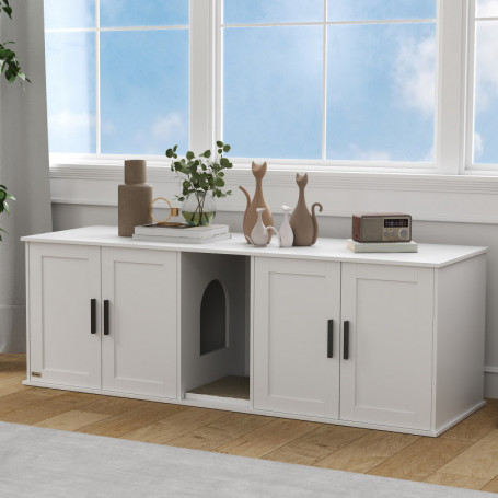 3-i-1 Kattmöbel med Kattlåda & Klösmatta – Elegant Skåp & Bänk