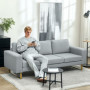 Soffa 3-sits 200 x 82 x 78 cm Ljusgrå Linne, Brons Ben