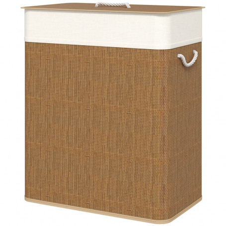 Tvättkorg i bambu med lock och avtagbar tygpåse – 100 L, 52 x 32 x 63 cm
