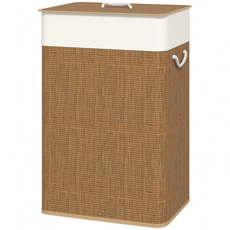 Tvättkorg i bambu med lock och avtagbar tygpåse – 72 L, 40 x 30 x 60 cm