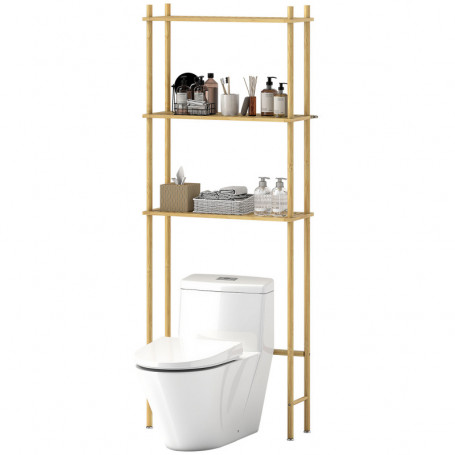 Toaletthylla i Bambu med 3 Hyllplan Ovanför Toalettstol – 69 x 25,5 x 181 cm