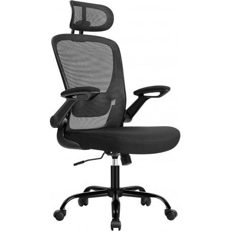 Ergonomisk kontorsstol med justerbart nack- och svankstöd – fällbara armstöd, svart tyg, max 120 kg