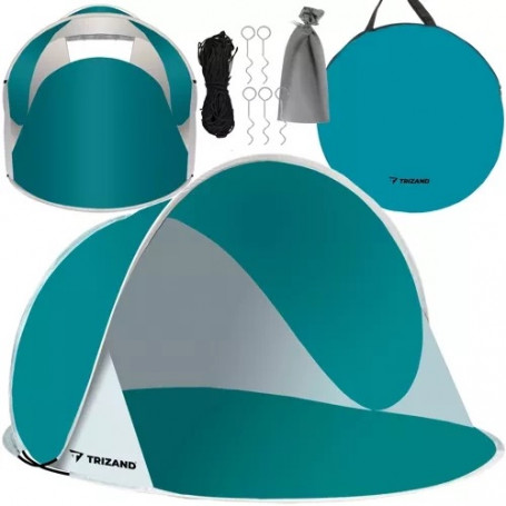 Strandtält – stort, blågrått, UV30+ skydd, 190×120×86 cm – lätt & kompakt med bärväska