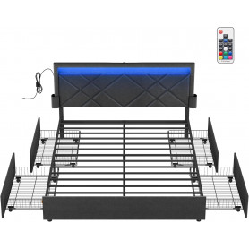 Sängstomme 160×200 cm LED Belysning USB-A/C Laddstation 4 Lådor Sid...