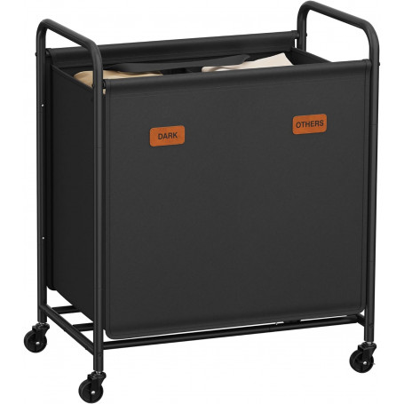 Rullbar Tvättkorg – 2 Fack, 140 L, Avtagbar Påse, Svart 59 x 40 x 91 cm