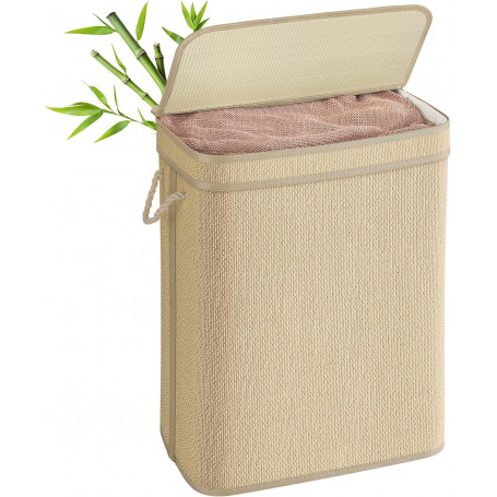 Tvättkorg i Bambu med Lock 90 L, Tvättbar med Handtag Ek