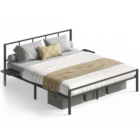 Metallsäng Sängstomme 160×190 cm Dubbelsäng Med Sidobord Mattsvart ...