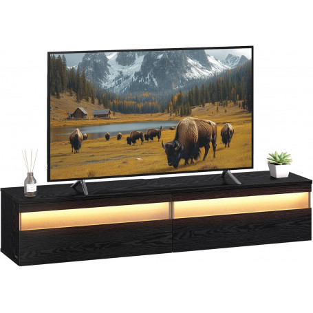 Väggmonterad TV-bänk med LED-belysning och Laddstation – Svart 147 x 35 x 30 cm