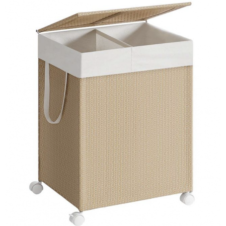 Tvättkorg 2 Fack, 100 L med Lock, Avtagbar Tvättpåse, Hjul - Natur Beige