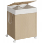 Tvättkorg 2 Fack, 100 L med Lock, Avtagbar Tvättpåse, Hjul - Natur Beige