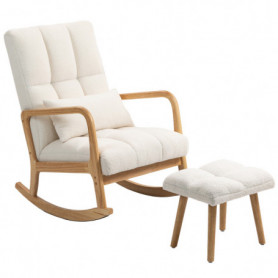 Gungfåtölj med Fotpall, Vit Teddy Fleece klädsel, Trästomme