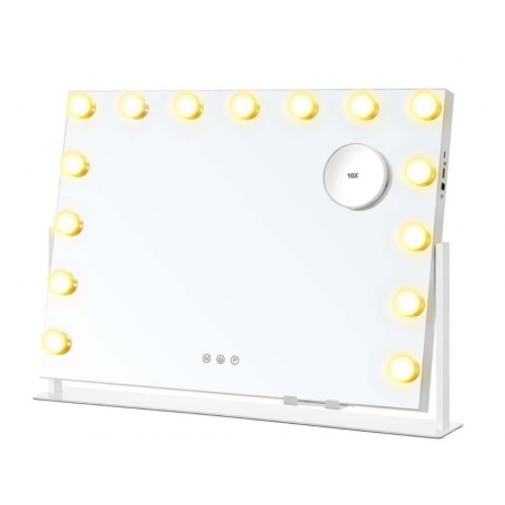 Sminkspegel 58 x 43 cm Hollywood LED-lampor med 10x förstoring, USB-uttag, mobilhållare – 58 x 43 cm, 360° roterbar