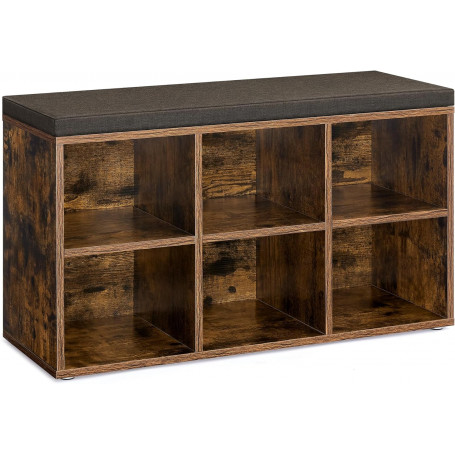 Skobänk med Sittdyna och 6 fack – 87 x 30 x 48 cm, vintagebrun med tvättbart överdrag