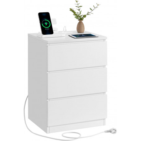 Sängbord med Laddstation – 40 x 35 x 59 cm, 3 lådor, USB & eluttag, molnvit
