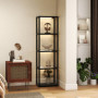2-i-1 Golvlampa med Integrerad Glas­hyllor i 4 nivåer, Svart – 45 x 29 x 157 cm