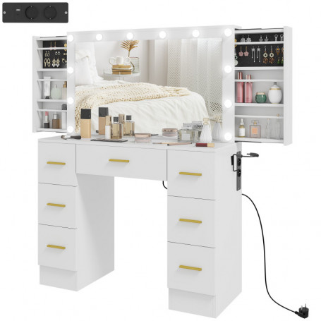 Sminkbord med LED-spegel, USB och Eluttag, Lådor, Dold Förvaring – 100 x 40 x 137 cm