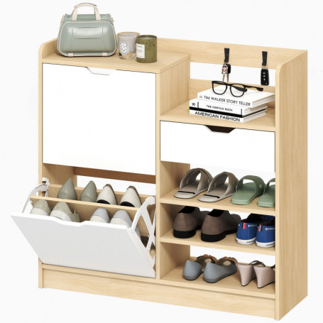 Skoskåp med Fällbara Lådor, Hyllor och Krokar – 93 x 30 x 90 cm, Vit / Trälook