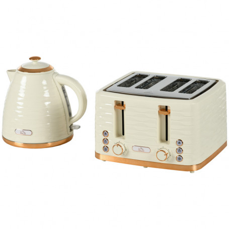 Set med Brödrost 4 Skivor och Vattenkokare 1,7L Blank Räfflad Beige