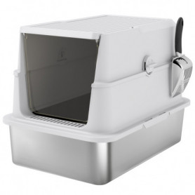 Kattlåda XL i rostfritt stål med lock – rymlig, luktfri Ljusgrå