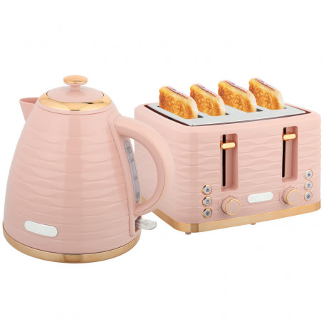 Set med Brödrost 4 Skivor och Vattenkokare 1,7L Blank Räfflad Rosa
