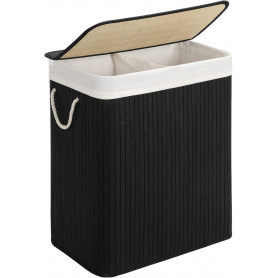 Tvättkorg i Svart Bambu 100L med 2 Fack, Avtagbar Påse, Lock