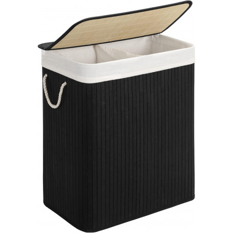 Tvättkorg i Svart Bambu 100L med 2 Fack, Avtagbar Påse, Lock