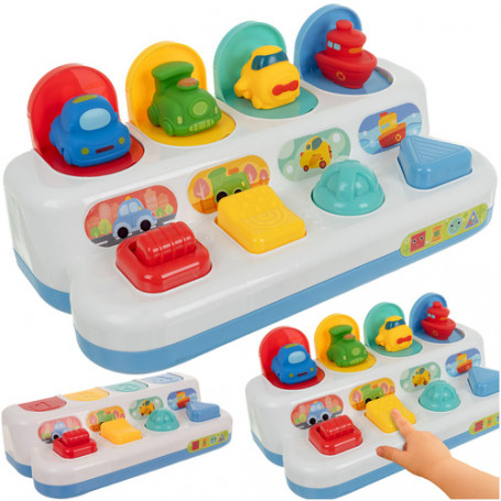 Interaktiv Pop-Up Leksak – 4 Fordon, Sensorisk Träning, Från 18 mån+