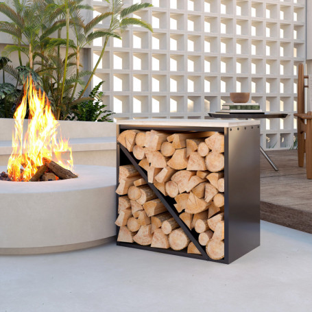 Vedställ Svart 58 x 36 x 60 cm Med Sidobord och Diagonal Avdelare