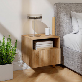 Väggmonterat Sängbord Med Låda I Naturträ Elegant räfflad lådfront ...