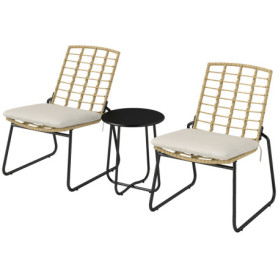 Rattan Ute Caféset Beige Brun Svart 2 stolar med bord
