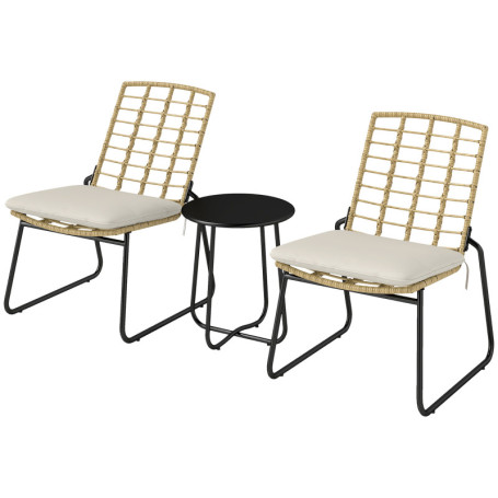 Rattan Ute Caféset Beige Brun Svart 2 stolar med bord