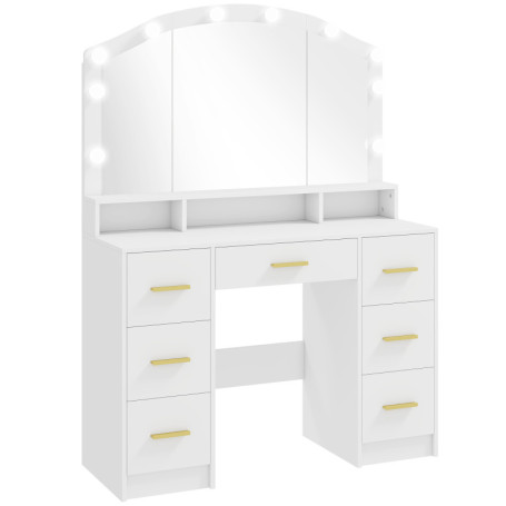 Sminkbord Vit med Spegel & 10 LED-Lampor – 7 Lådor, MDF, 110×40×150 cm
