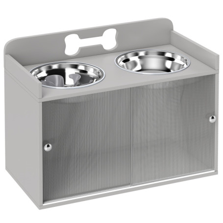 Förhöjd Hundmatsstation Grå i MDF – Med Förvaring & Slow Feeder, 60×30×46 cm